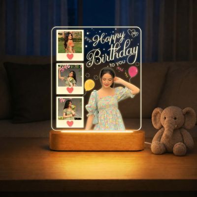 Personalized Happy Birthday Gift for Girlfriend, Wife, Best Friend, Daughter & Sister Bedroom Decor Table Lamp with Wood Stand